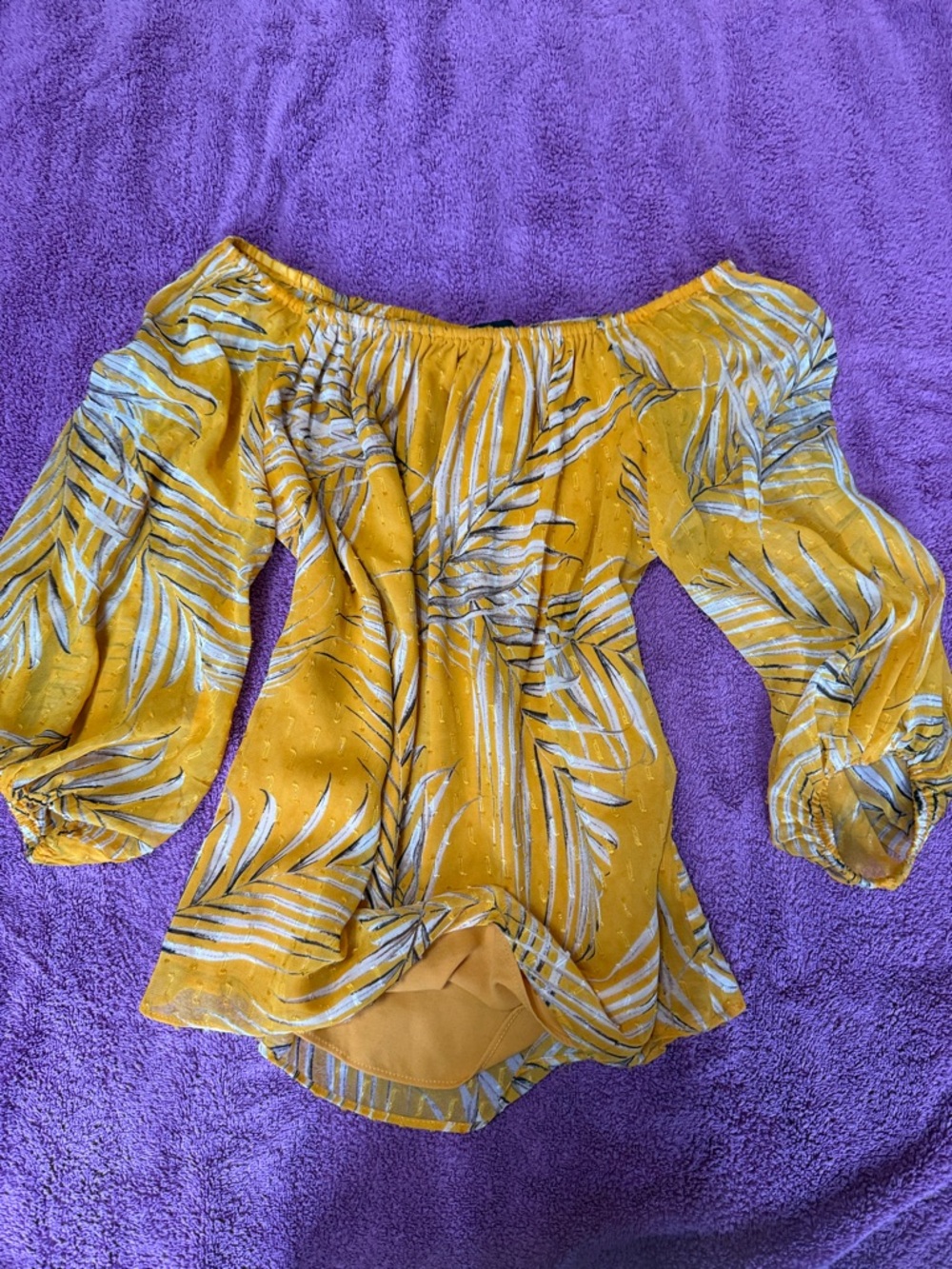 White House Black Market Mustard Yellow Palm-Print Off-Shoulder Blouse